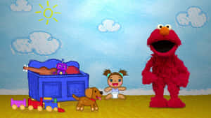 Elmo 同一個女嬰喺陽光普照嘅天空下玩玩具。