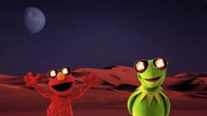 Elmo 和青蛙 Kermit 戴著帶火焰鏡片的太陽眼鏡，站在紅色沙漠上，天空中有死星。