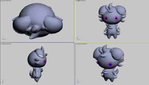在3D建模軟件中，一隻灰色Q版生物的四個視圖，擁有紫色眼睛。