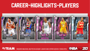 NBA 2K20 職業生涯亮點球員卡， featuring 五位籃球明星的動作姿勢。