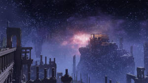 星空下，發光的粉紅色星雲旁的古代石遺跡。
