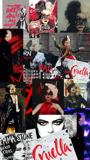 Cruella de Vil 拼貼，有紅色文字同大膽時尚姿勢。