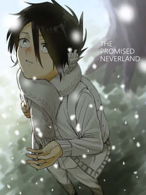 穿著冬季外套和圍巾的動漫男孩站在飄落的雪中。