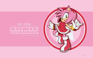 來自 Sonic Channel 的 Amy Rose 穿著紅色連衣裙在粉紅色背景上開心地擺姿勢。