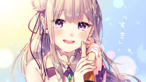 薰衣草色頭髮的動漫女孩在柔和散景背景前微笑著將手指放在嘴唇上 — 傷心 壁紙