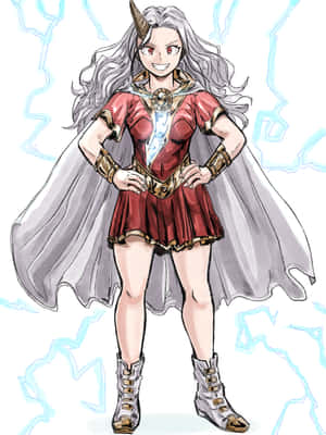 銀色頭髮和角的動漫女孩，穿著紅色服裝，被閃電包圍。