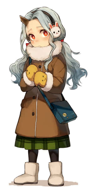 著冬天外套嘅動漫女仔，頭頂有兔仔公仔，拎住餃子。