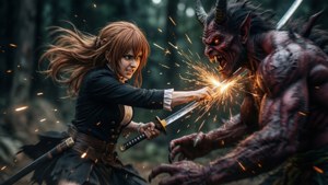 一位女戰士在黑暗的森林中用劍與惡魔生物戰鬥。
