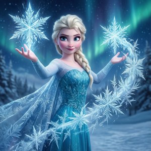 艾莎在雪地森林中，在北極光下召喚出閃閃發光的雪花。