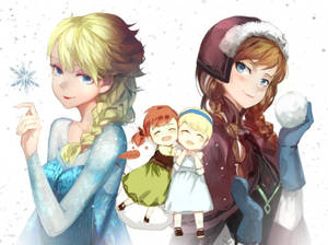 公主和孩子們在雪中使用冰魔法和雪球玩耍。 — 愛莎 壁紙
