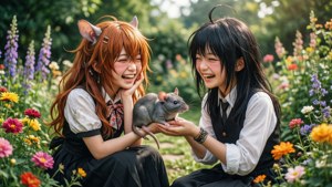 兩個長著動物耳朵的動漫女孩在色彩繽紛的花園裡抱著一隻小灰鼠大笑。
