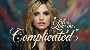 一個頭髮蓬鬆的金髮女子，畫著深色眼線，看著觀眾，帶有文字 life's like this complicated
