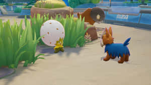 兩個Pokémon角色喺陽光普照嘅戶外環境中靠近一個斑點蛋。