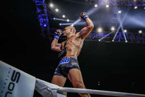 一位光頭MMA拳手在明亮燈光下於八角籠內高舉拳頭慶祝勝利。