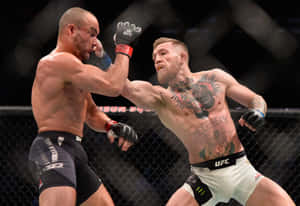 兩名男性MMA拳手在UFC比賽期間於八角籠內互相出拳。