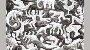 超現實的黑白插圖，描繪神話生物與人類形象交織在一起。