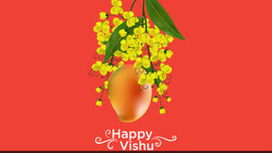 成熟芒果配黃色花朵，紅色背景，用於Happy Vishu節日。 — 簡單 壁紙