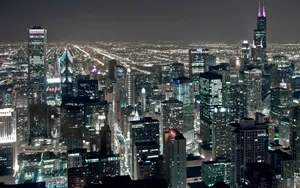 芝加哥夜景,閃爍的摩天大樓和城市燈光。