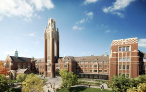 大學校園，擁有哥德式塔樓，學生在藍天下的綠色草坪上行走。