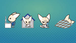 四隻chibi狐狸喺漸變青綠色背景上進行日常活動。
