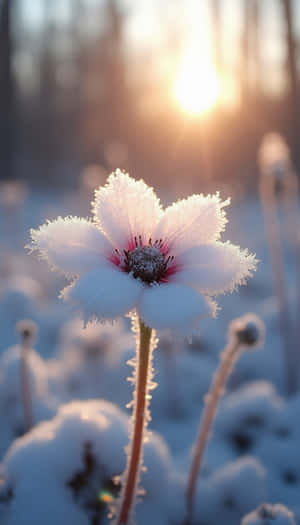 雪中結霜的白花，陽光從光禿樹木後照射