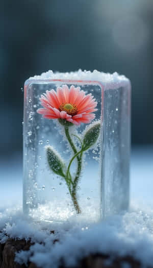 粉紅色花朵被封在冰塊中，周圍有雪