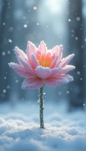 被霜覆蓋的粉紅蓮花立在雪中，背景柔和藍色