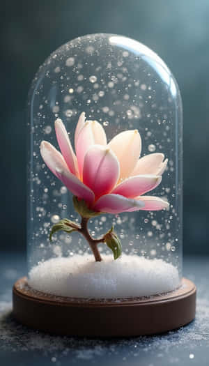 雪中的粉紅木蘭花，玻璃罩內有飄落的雪花 — 植物 壁紙