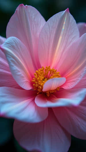 自然光下，一朵柔粉色花朵，花蕊呈黃色。