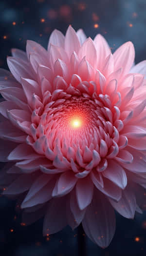 一朵發光的粉紅色菊花，在黑暗背景中帶有漂浮的火花。