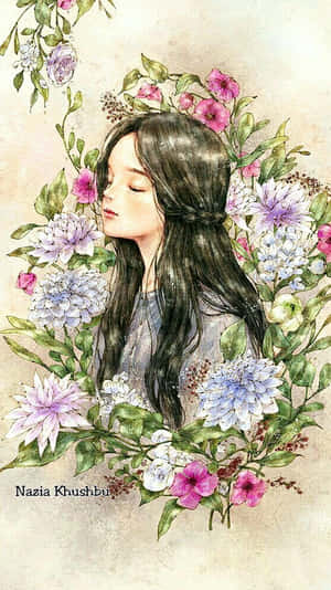 一位黑髮女性被水彩風格的花環環繞。