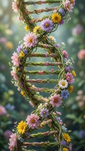 日落時分花園中用花朵和藤蔓製成的DNA螺旋。 — 科學 壁紙