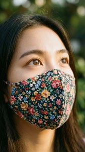 年輕女性戴著花卉口罩在陽光下向上仰望