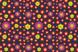 深色背景上重複粉紅色紅色花朵和黃色星星的壁紙 — 設計 壁紙
