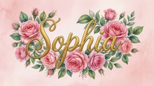 金色草書名字Sophia，被粉紅玫瑰和綠葉環繞，置於柔和粉紅背景上。