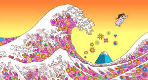 一個女孩在花浪上方飛翔，背景有山。 — 日式波浪 壁紙