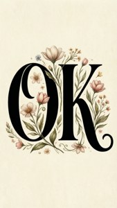 在奶油色背景上，用花朵和葉子裝飾的「OK」字樣。