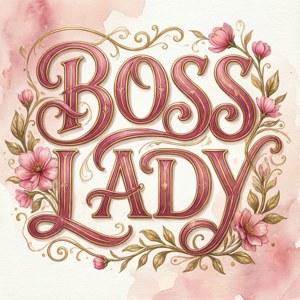 以裝飾性酒紅色和金色字母書寫的Boss Lady文字，周圍環繞著粉紅色花朵和藤蔓。