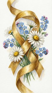 金色絲帶與雛菊和勿忘我交織，水彩風格。