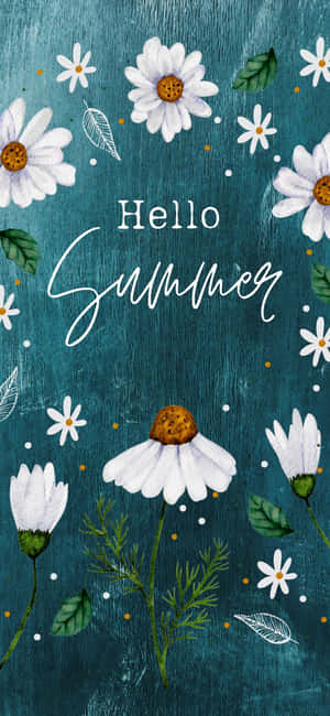青綠色木頭上白色雛菊和綠葉，帶有「Hello Summer」文字。 — 花卉動畫 壁紙
