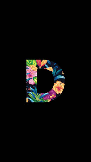 粗體黑色字母 D，充滿色彩繽紛的熱帶花卉和葉子。