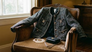 Chanel 粗花呢外套配珍珠和手袋放在復古扶手椅上 — Chanel 壁紙