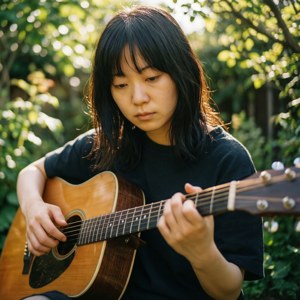 年輕女性在陽光花園中彈奏木結他