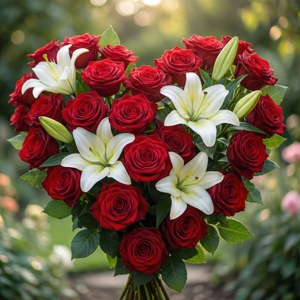 花園陽光下的紅玫瑰和白百合花束