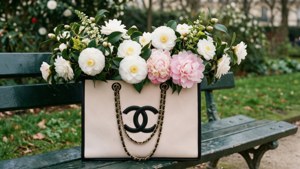 一個裝滿白色和粉色花朵的 Chanel 手袋，擱在公園長椅上。 — Chanel 壁紙