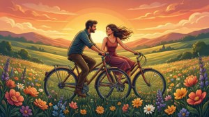 一對情侶在夕陽下騎著雙人自行車穿過一片色彩繽紛的花田。