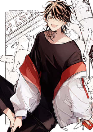 動漫男孩，棕色頭髮和頸部紋身，微笑著穿著黑色襯衫和帶紅色點綴的白色外套。 — 東京卍復仇者 壁紙