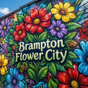 城市牆上帶有明亮花朵和綠葉的Brampton Flower City壁畫。
