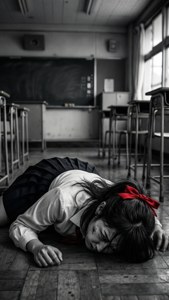 一名身穿校服的女學生臉朝下躺在木質教室地板上，頭髮上繫著紅色蝴蝶結。