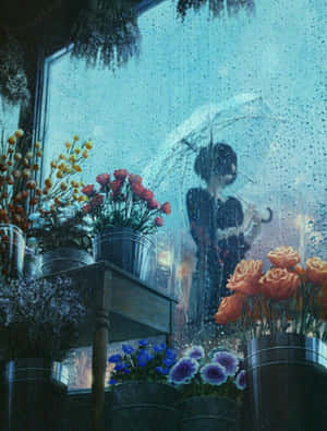 店內水桶裡鮮豔的花朵，以及下雨窗戶外一個人撐著雨傘的景色。